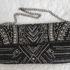 Chico's Black Beaded Clutch Evening Bag Art Deco Style Shoulder Purse, Chain.